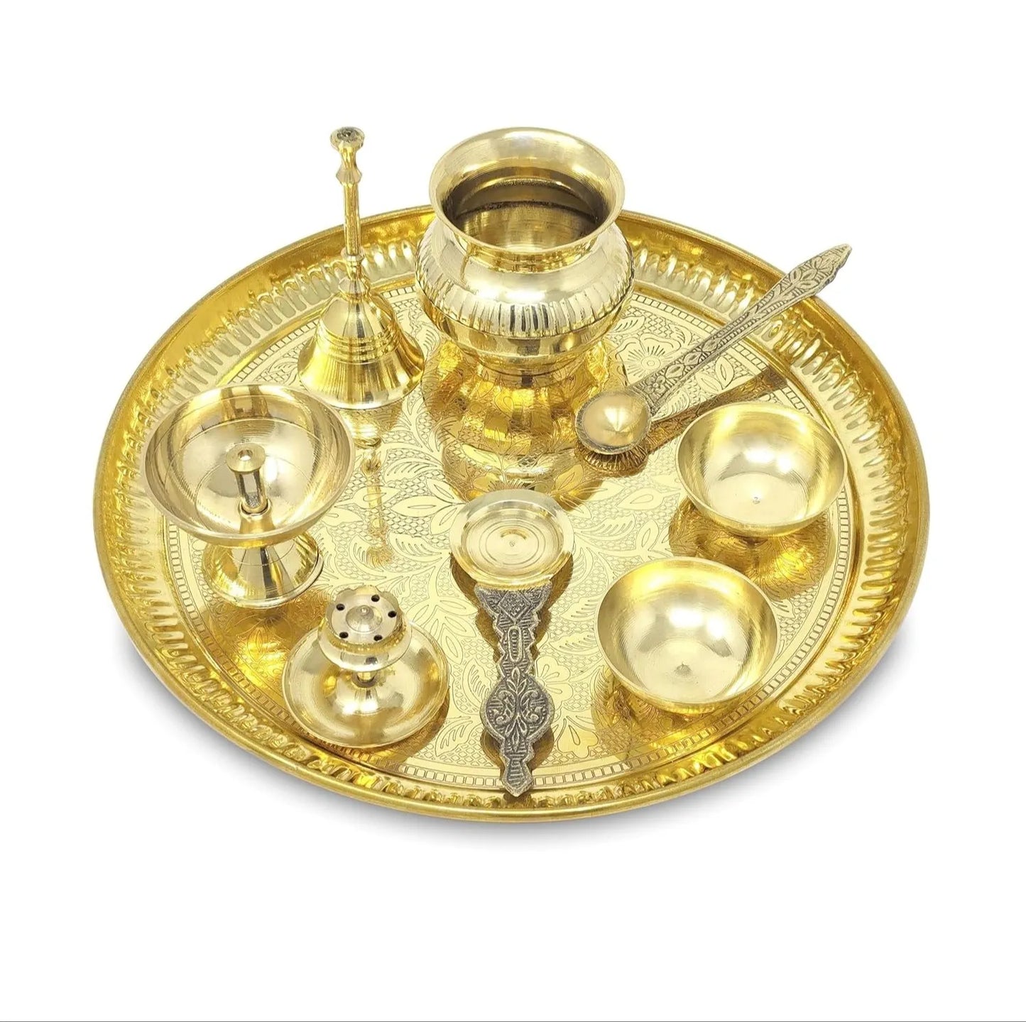 Premium German Silver Golden Pooja Thali Set | Blue Velvet Box | Wedding & Diwali Return Gift | Home Mandir