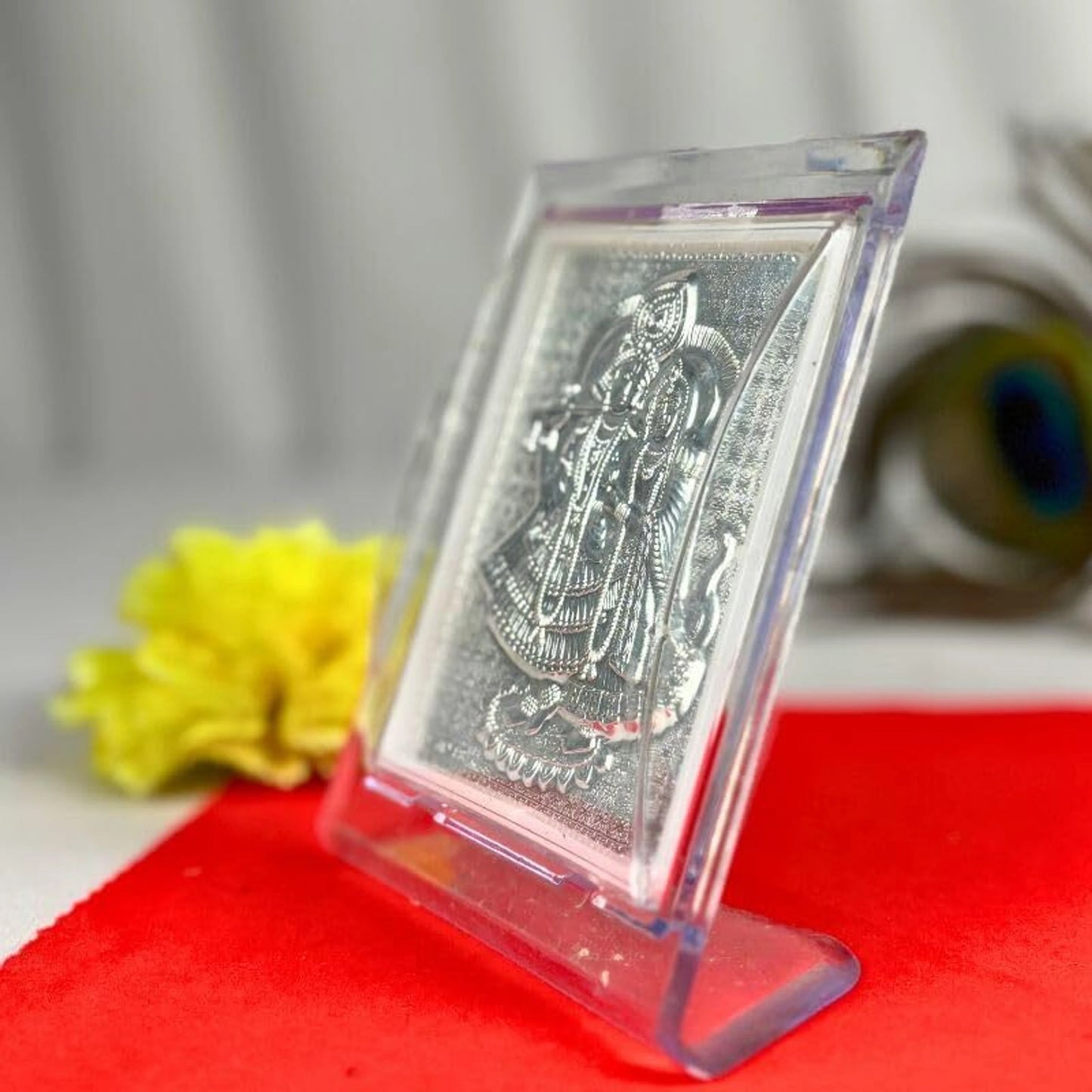 Radha Krishna Silver-Plated Frame (9x11 cm) | Acrylic Mini Idol for Home Decor & Spiritual Gifting