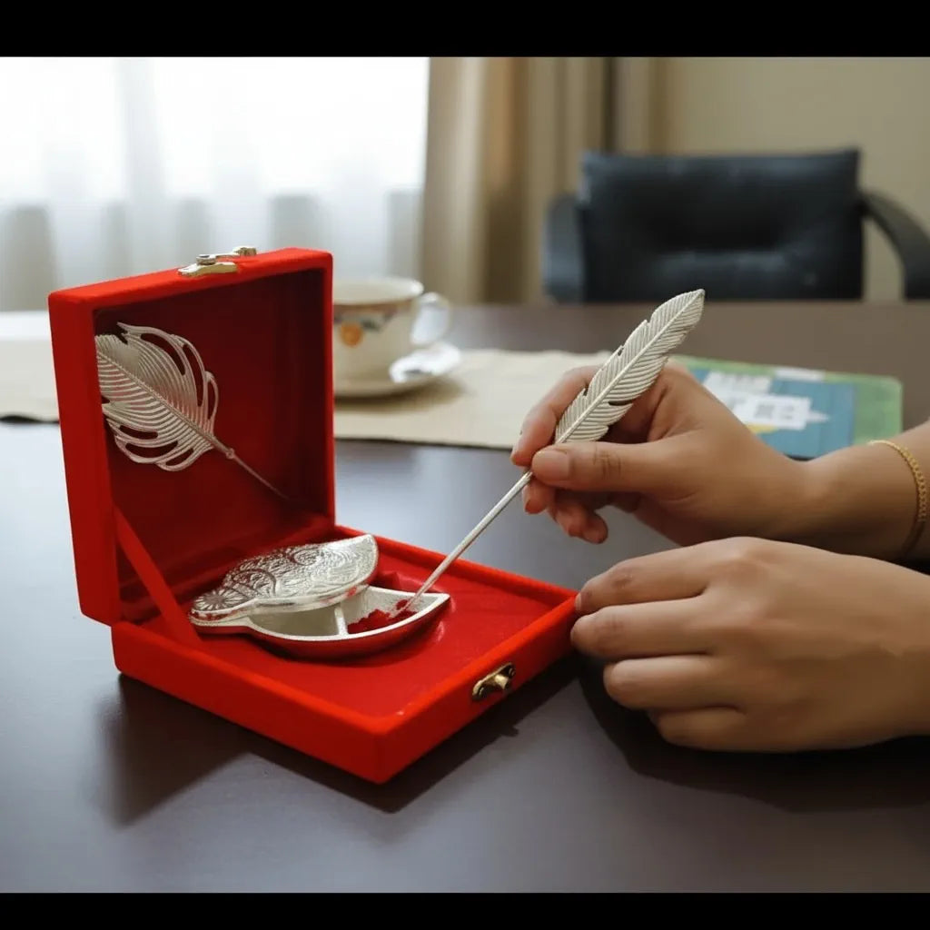 German Silver Roli Chawal Chopda with Tilak Stick | Red Velvet Box | Wedding & Pooja Return Gift