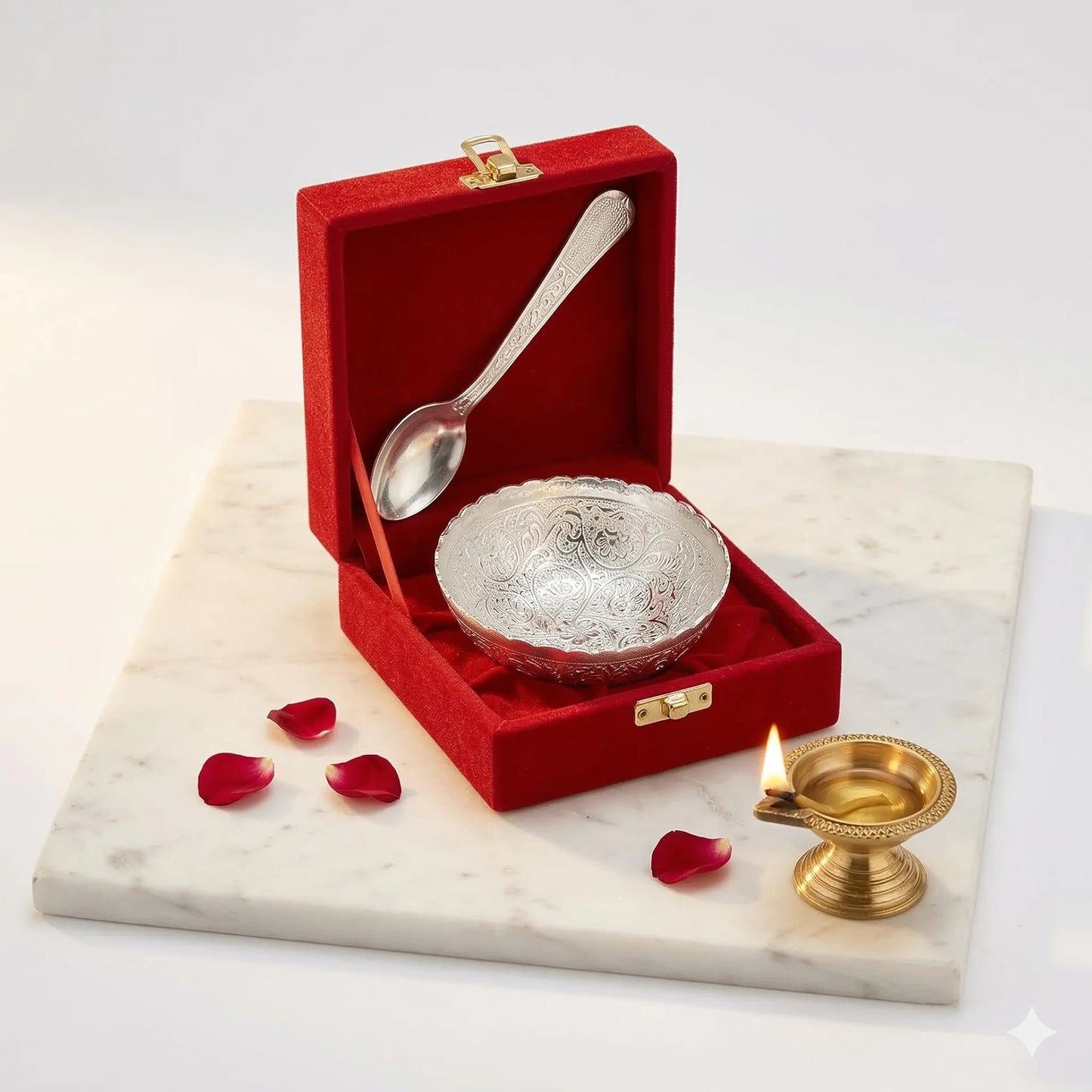 German Silver Bowl | Blue & Red Velvet Box | Return Gift