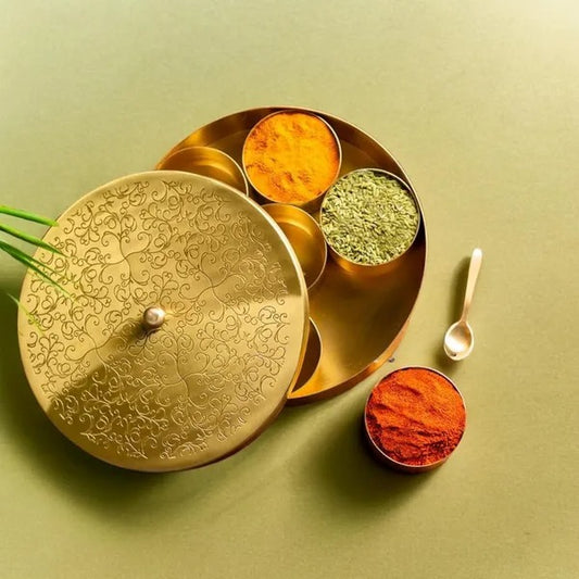 Brass Masala Box with Lid & Spoon – Premium Metal Spice Box for Kitchen Storage & Wedding Gifting