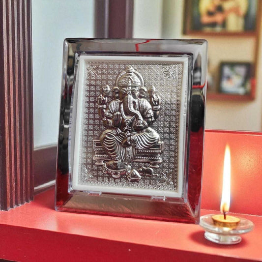 Lord Ganesha Silver-Plated Frame (9x11 cm) | Acrylic Mini Ganesh Idol for Home Decor, Car & Gifting