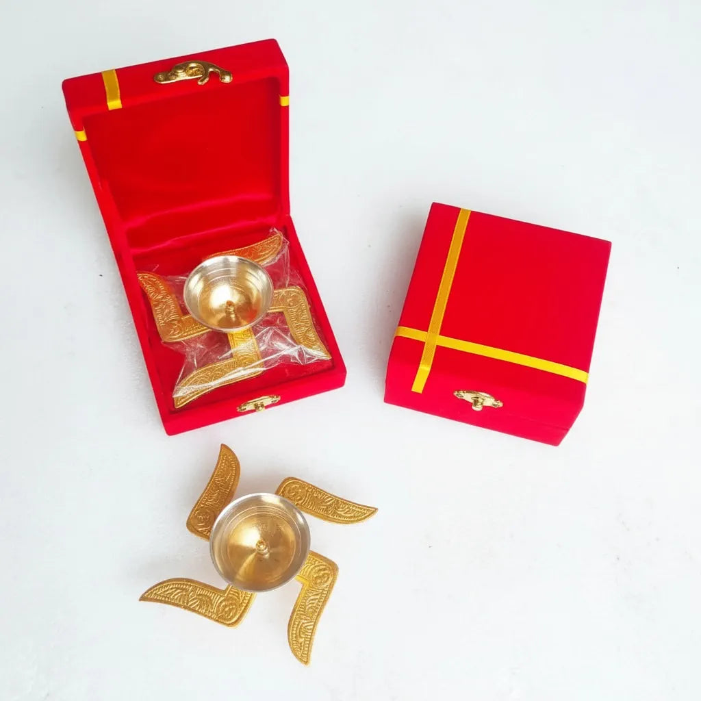 German Silver Puja Bowl with Swastik Base | Red Velvet Box | Wedding & Diwali Return Gift | Pooja Gift