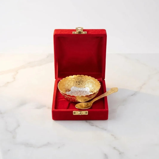 German Silver Golden Bowl & Spoon Set | Red Velvet Box