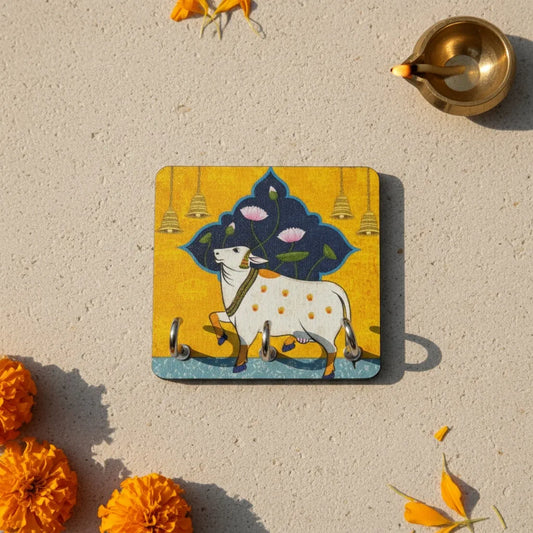 Gau Mata Wooden Key Holder | 3 Hooks (3.5x5 Inch)