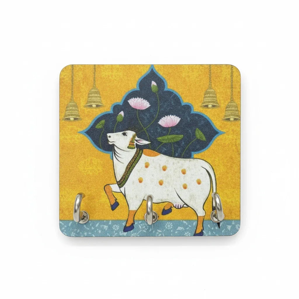 Gau Mata Wooden Key Holder | 3 Hooks (3.5x5 Inch)