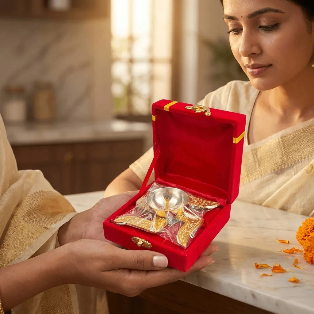 German Silver Puja Bowl with Swastik Base | Red Velvet Box | Wedding & Diwali Return Gift | Pooja Gift