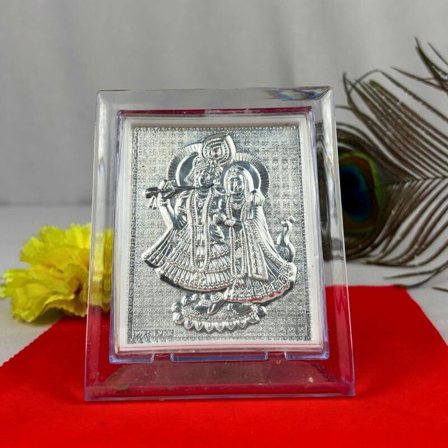 Radha Krishna Silver-Plated Frame (9x11 cm) | Acrylic Mini Idol for Home Decor & Spiritual Gifting