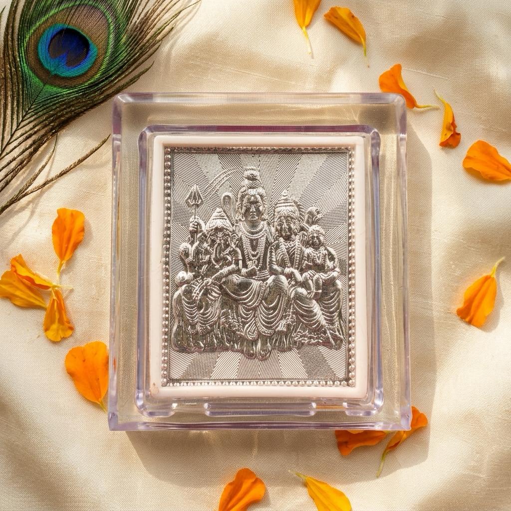 Divine Shiv Parivar Silver-Plated Frame | Lord Shiva Family Acrylic Idol for Home Decor & Gifting