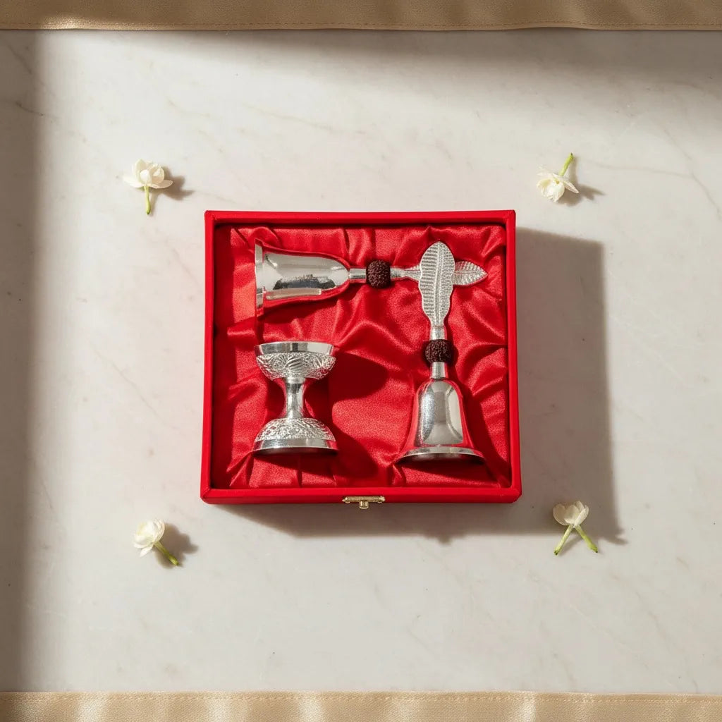German Silver Rudraksh Pooja Bell & Diya Set | Red Velvet Gift Box | Wedding & Diwali Return Gift | Home Mandir