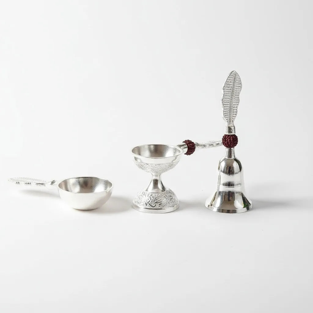 German Silver Rudraksh Pooja Bell & Diya Set | Red Velvet Gift Box | Wedding & Diwali Return Gift | Home Mandir