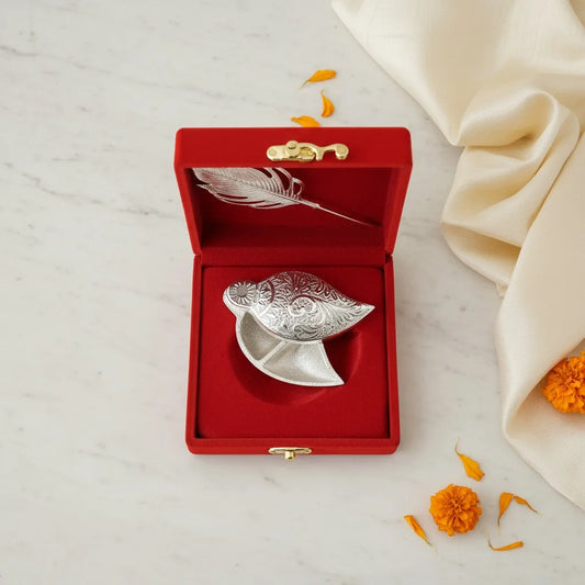 German Silver Roli Chawal Chopda with Tilak Stick | Red Velvet Box | Wedding & Pooja Return Gift