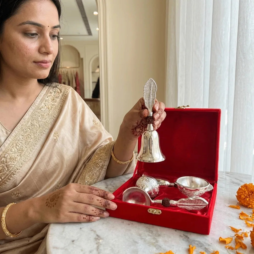 German Silver Rudraksh Pooja Bell & Diya Set | Red Velvet Gift Box | Wedding & Diwali Return Gift | Home Mandir