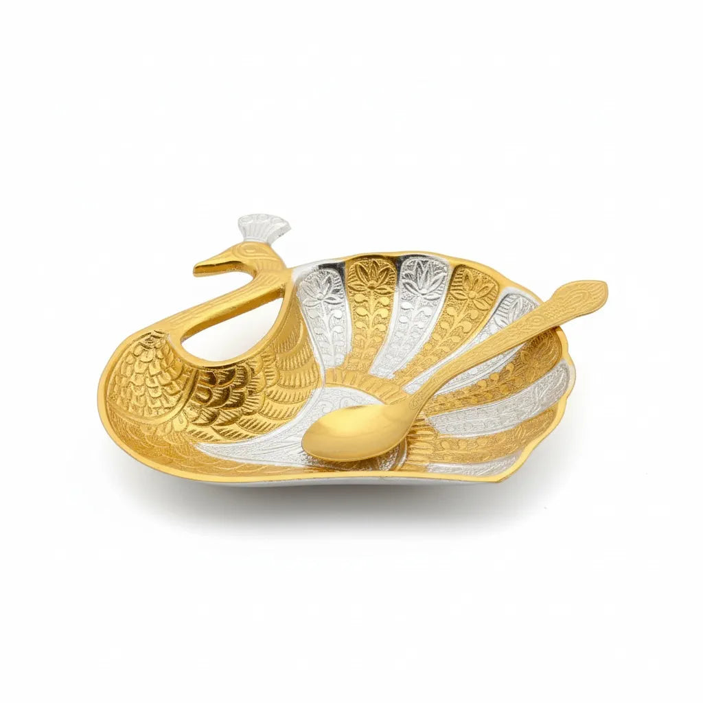 German Silver Peacock Plate with Spoon | Return Gift