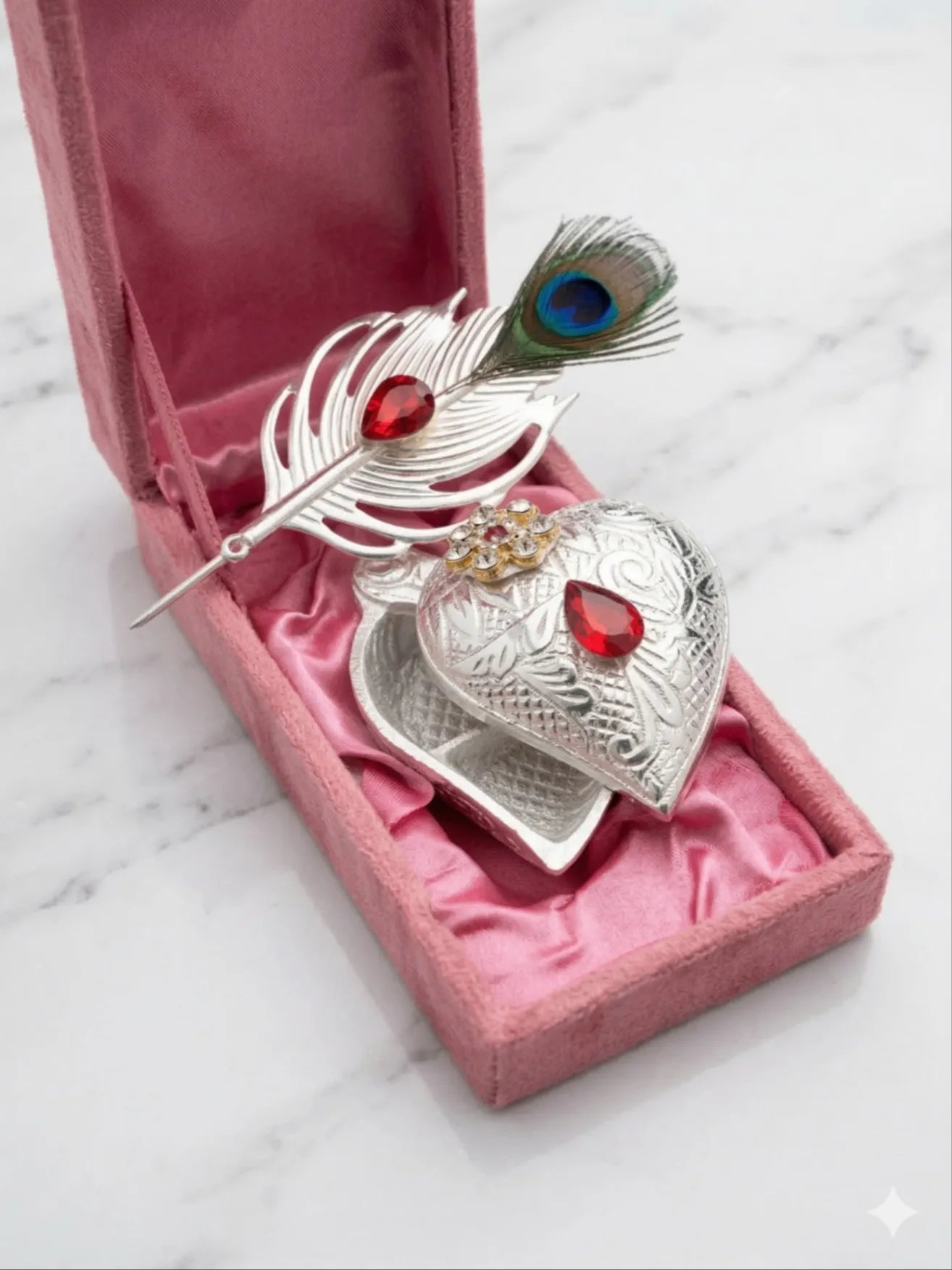 German Silver Morpankh Kumkum Holder with Velvet Gift Box | Wedding & Pooja Return Gift | Premium German Silver Set