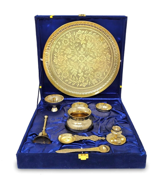 Premium German Silver Golden Pooja Thali Set | Blue Velvet Box | Wedding & Diwali Return Gift | Home Mandir