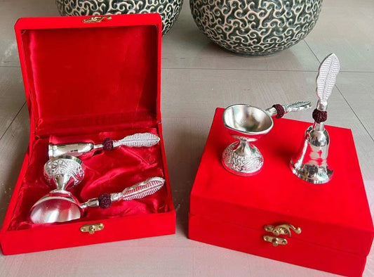 German Silver Rudraksh Pooja Bell & Diya Set | Red Velvet Gift Box | Wedding & Diwali Return Gift | Home Mandir