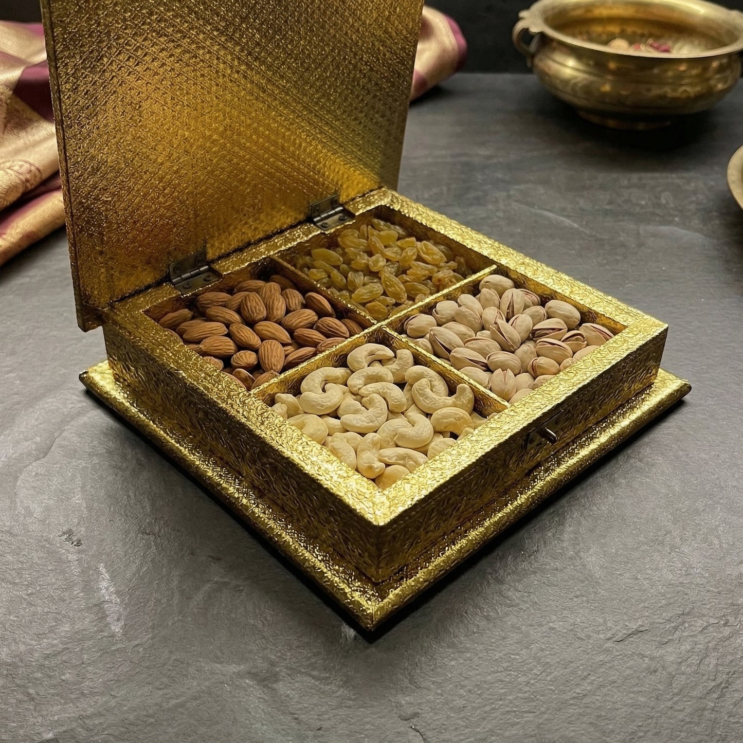 Royal Meenakari Elephant Dry Fruit Box | Golden Handcrafted 8x8 Inches Mithai & Dry Fruit Gift Box for Wedding Return Gifts & Festive Hampers