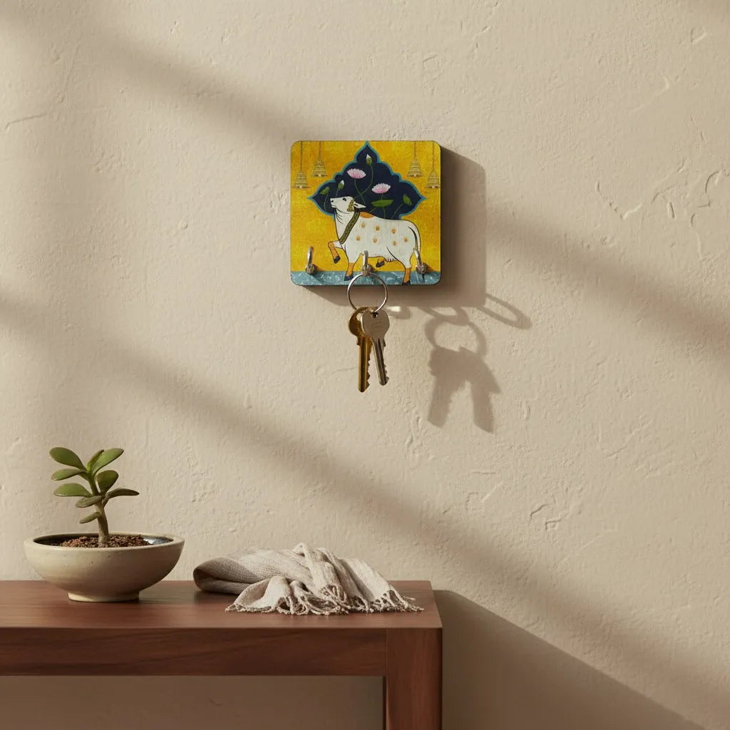 Gau Mata Wooden Key Holder | 3 Hooks (3.5x5 Inch)