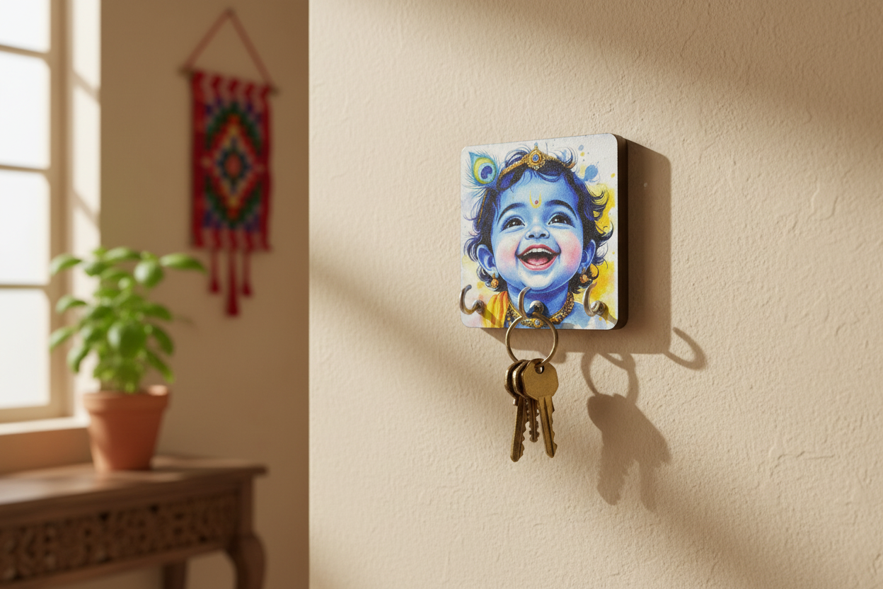 Baby Krishna Wooden Key Holder in Home Entrance Setting