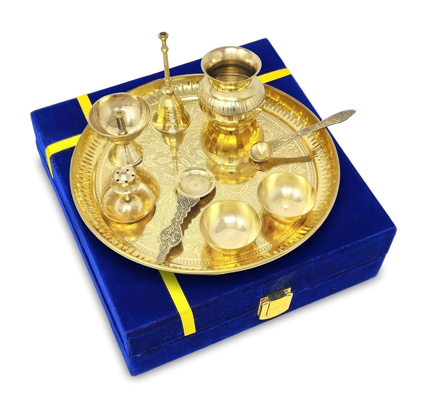 Premium German Silver Golden Pooja Thali Set | Blue Velvet Box | Wedding & Diwali Return Gift | Home Mandir