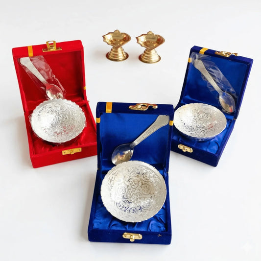 German Silver Bowl | Blue & Red Velvet Box | Return Gift