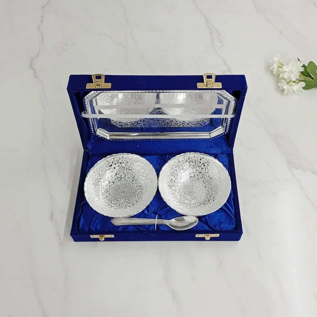 German Silver 2 Bowl with Tray Set | Blue Velvet Box | Return Gift