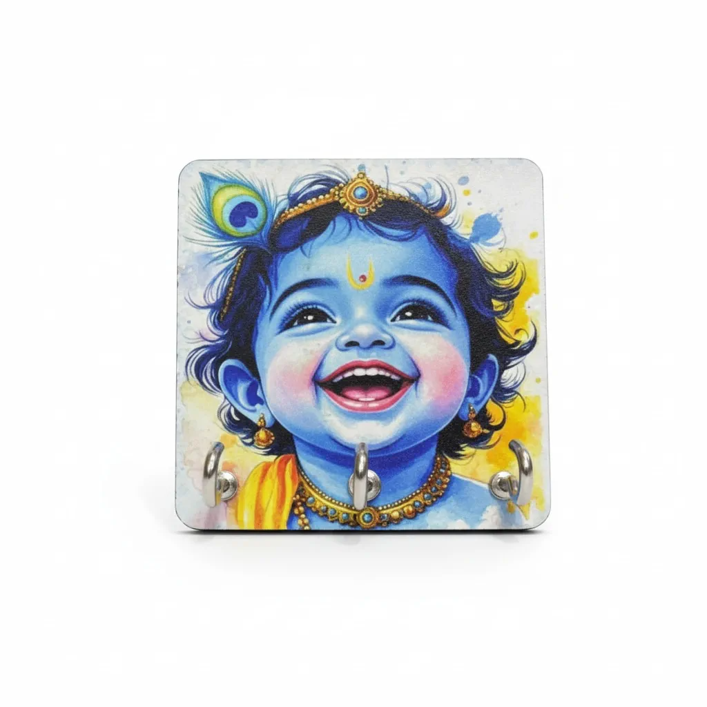 Baby Krishna Wooden Key Holder | 3 Hooks | 3.5x5 Inch