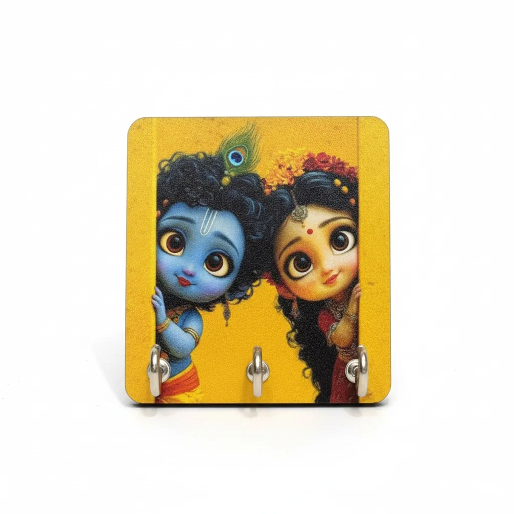 Radha Krishna Wooden Key Holder | 3 Hooks (3.5x5 Inch)
