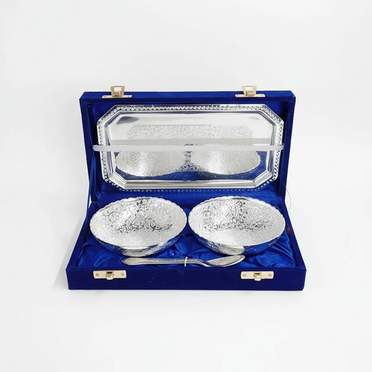 German Silver 2 Bowl with Tray Set | Blue Velvet Box | Return Gift