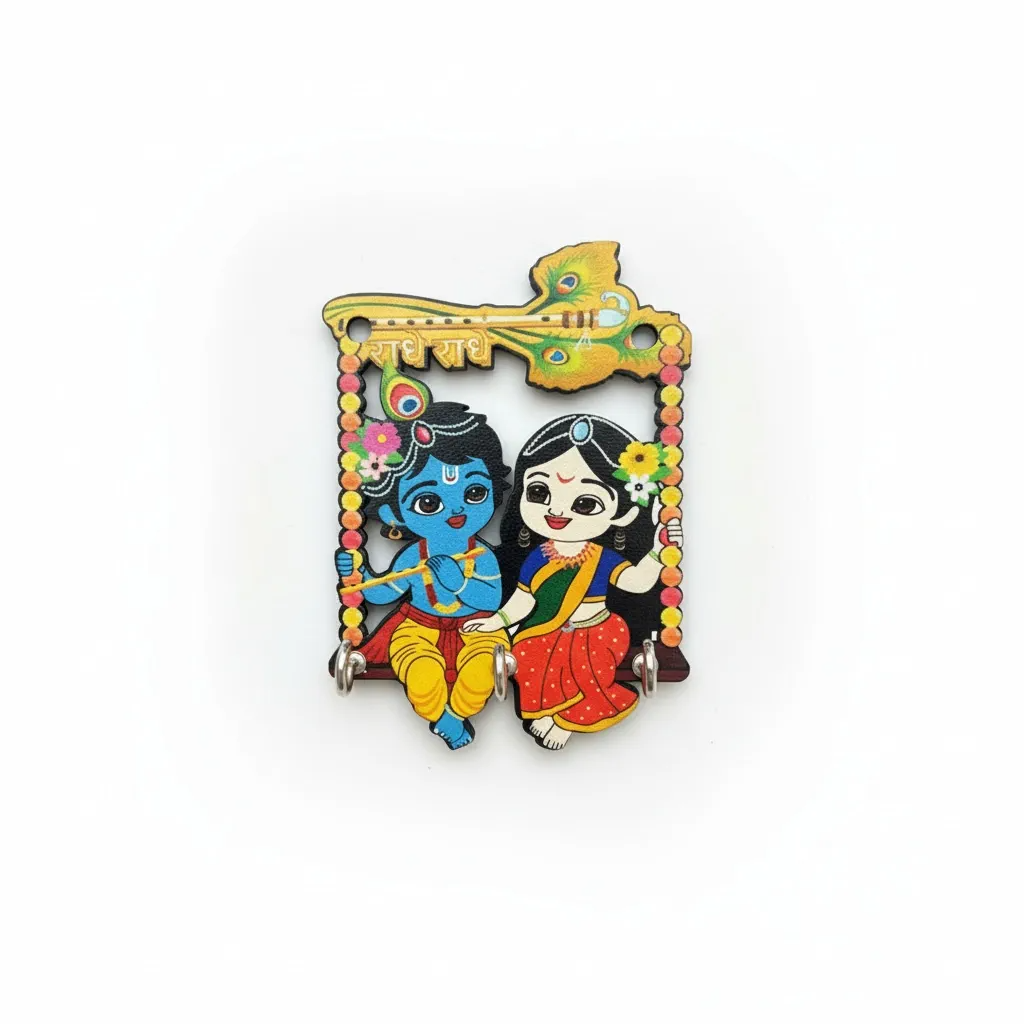 Radha Krishna Jhula Wooden Key Holder | 3 Hooks (3.5x5 Inch)