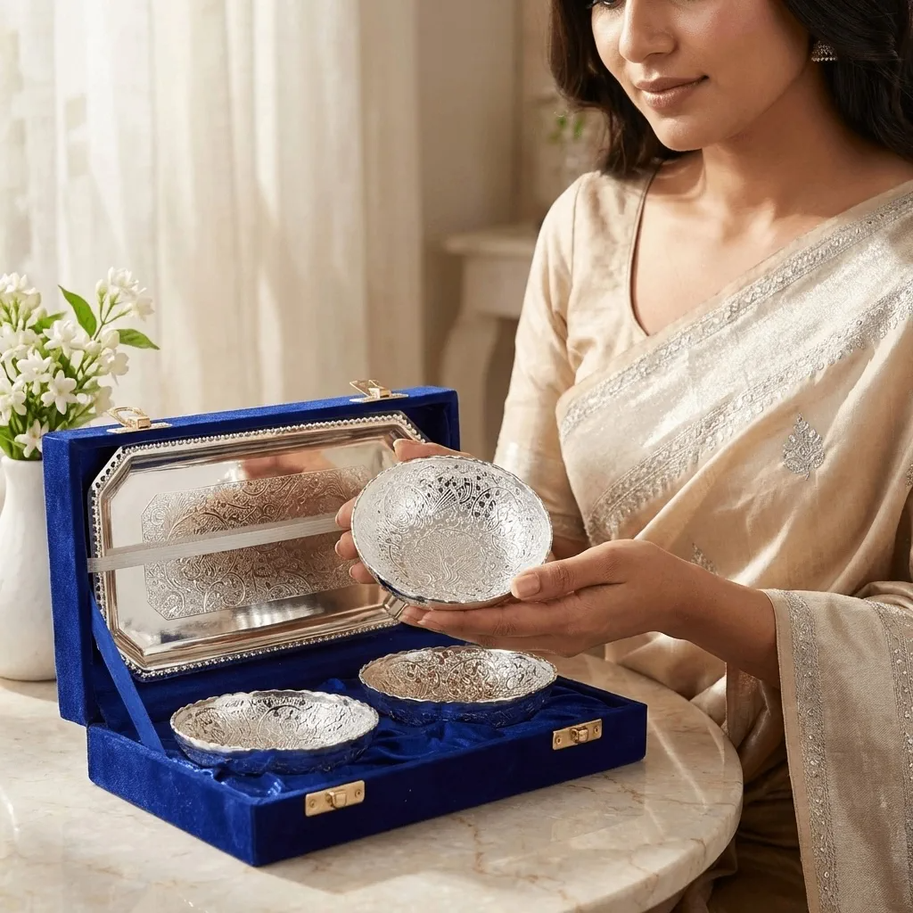 German Silver 2 Bowl with Tray Set | Blue Velvet Box | Return Gift
