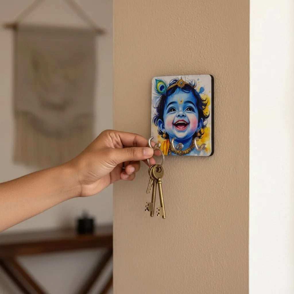 Baby Krishna Wooden Key Holder | 3 Hooks | 3.5x5 Inch