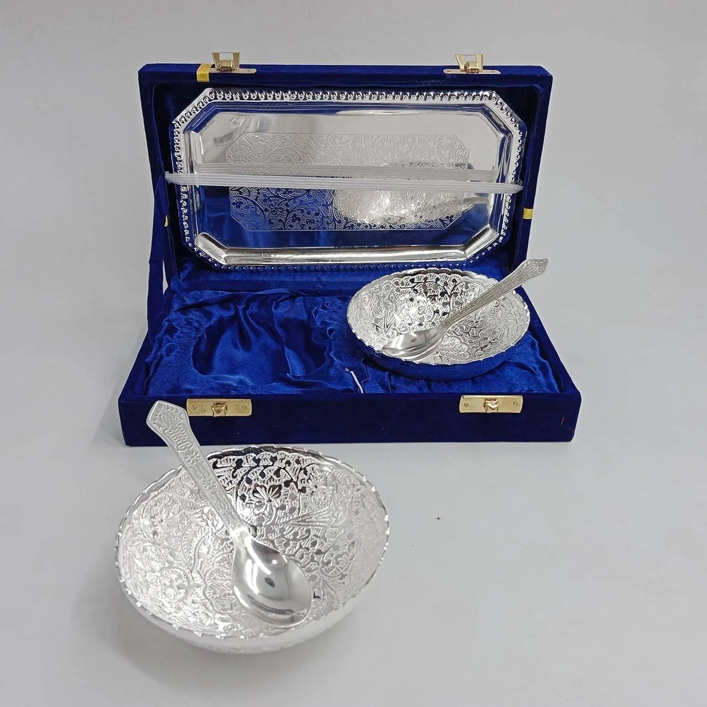 German Silver 2 Bowl with Tray Set | Blue Velvet Box | Return Gift