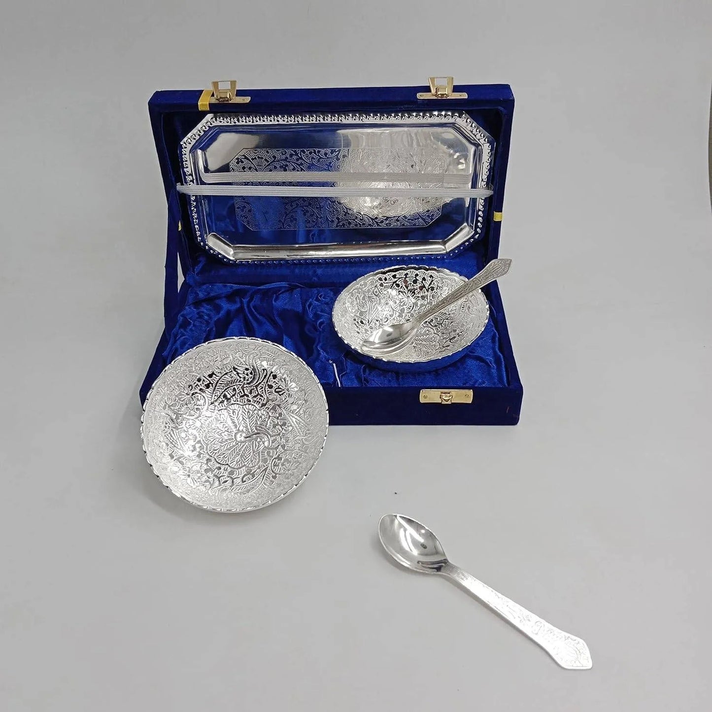 German Silver 2 Bowl with Tray Set | Blue Velvet Box | Return Gift