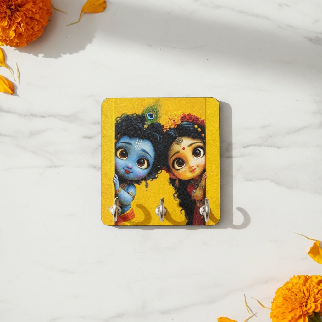 Radha Krishna Wooden Key Holder | 3 Hooks (3.5x5 Inch)