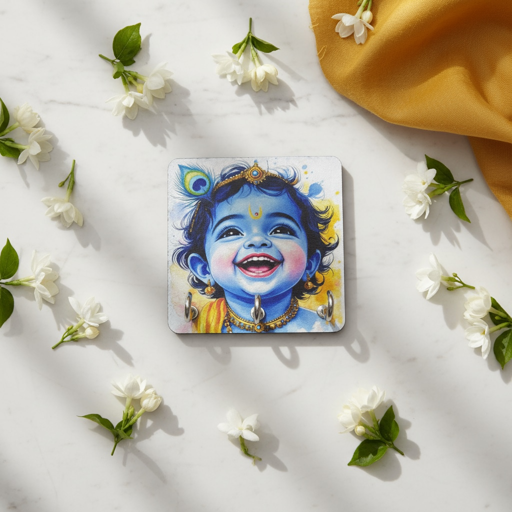 Baby Krishna Wooden Key Holder | 3 Hooks | 3.5x5 Inch