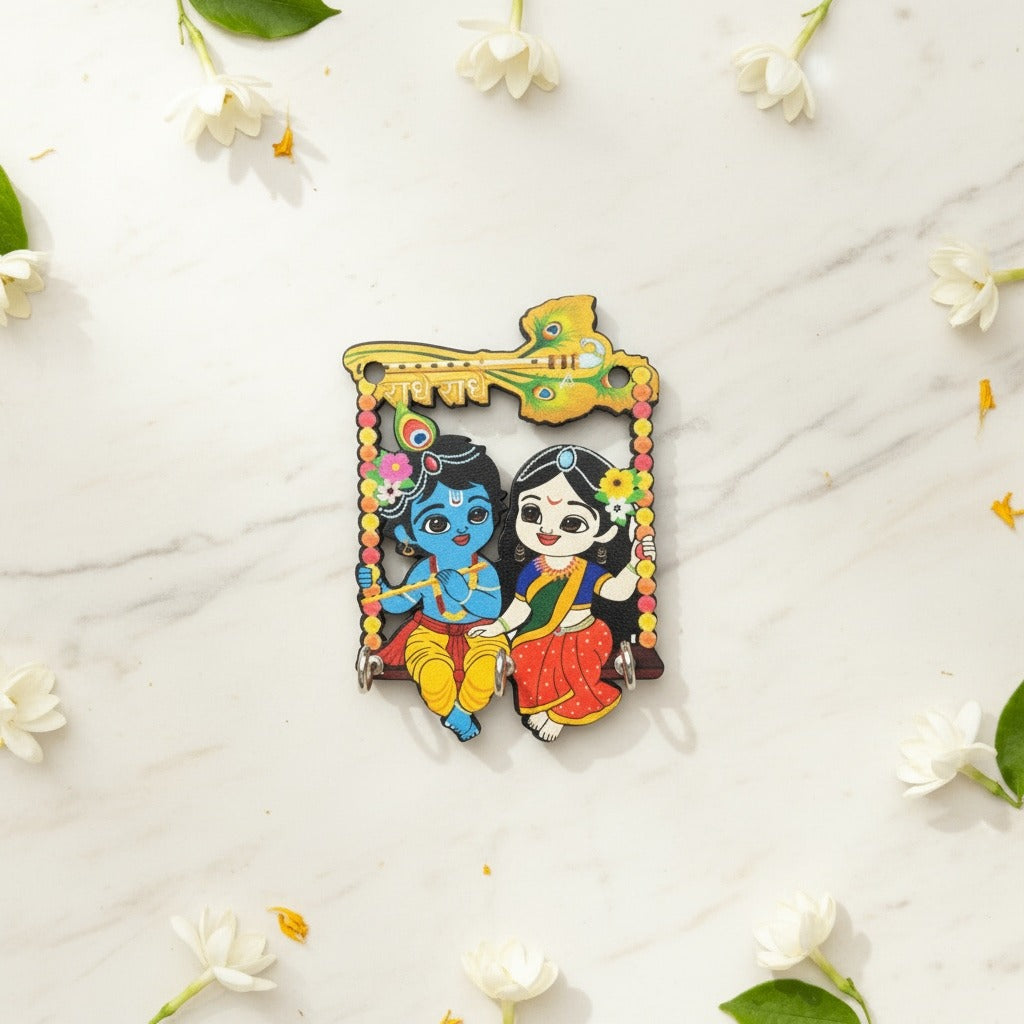 Radha Krishna Jhula Wooden Key Holder | 3 Hooks (3.5x5 Inch)