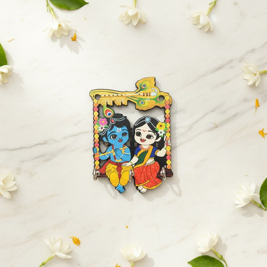 Radha Krishna Jhula Wooden Key Holder | 3 Hooks (3.5x5 Inch)