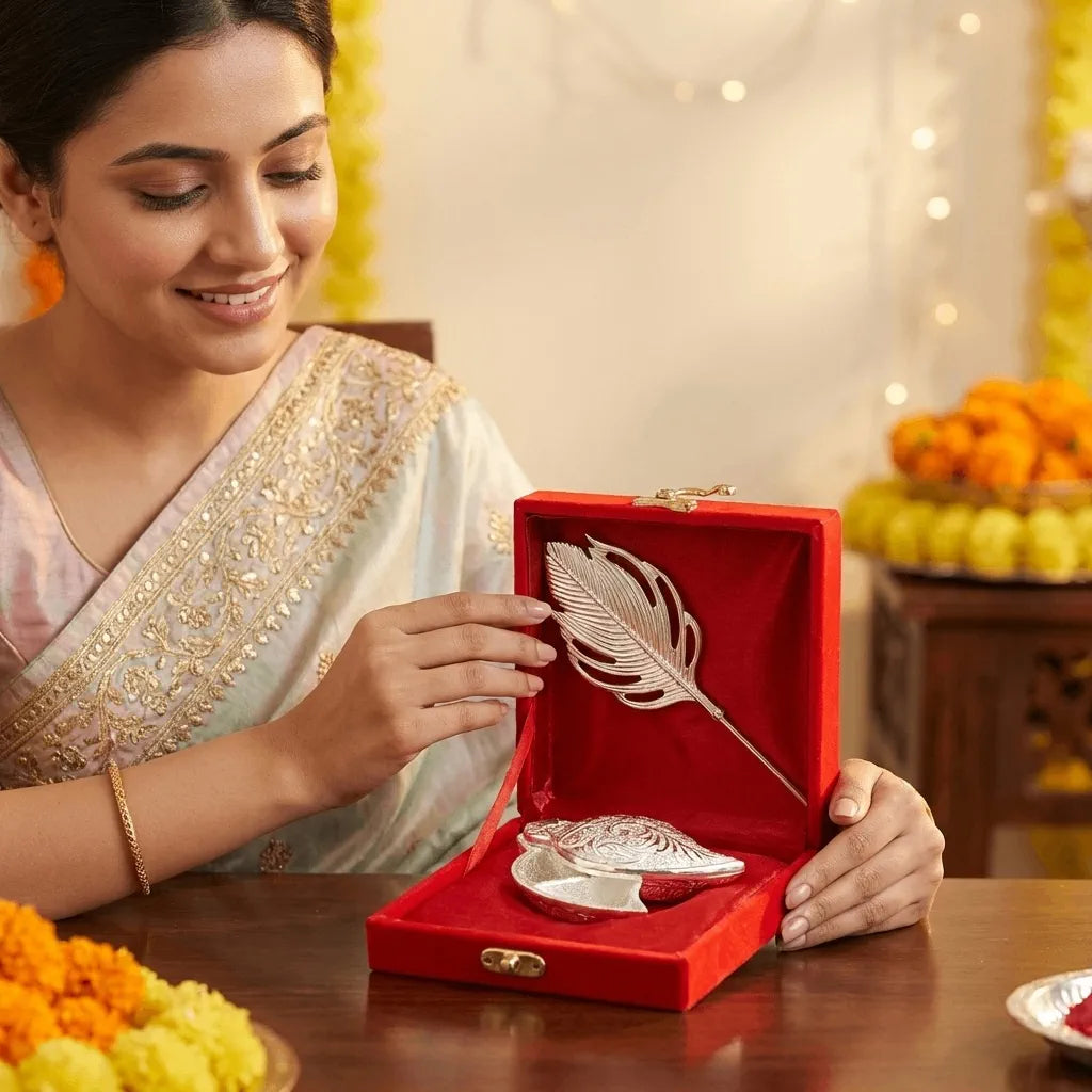 German Silver Roli Chawal Chopda with Tilak Stick | Red Velvet Box | Wedding & Pooja Return Gift