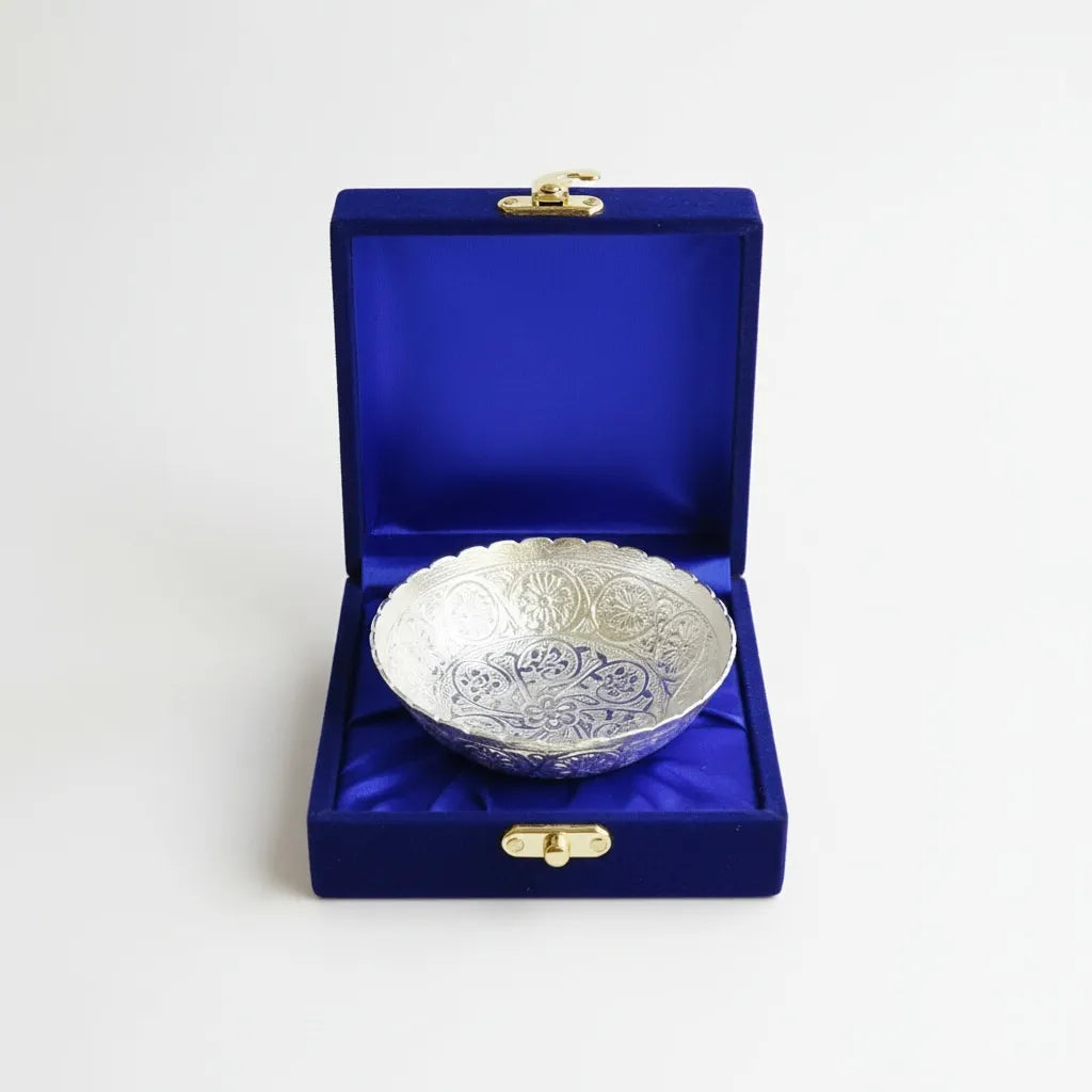 German Silver Bowl | Blue & Red Velvet Box | Return Gift