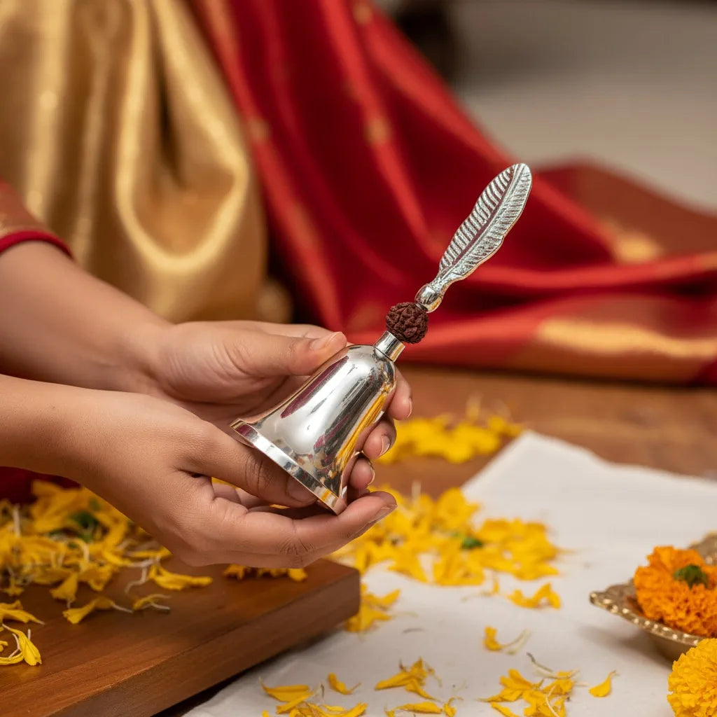 Premium German Silver Rudraksh Pooja Bell | Velvet Gift Box | Wedding & Religious Function Return Gift