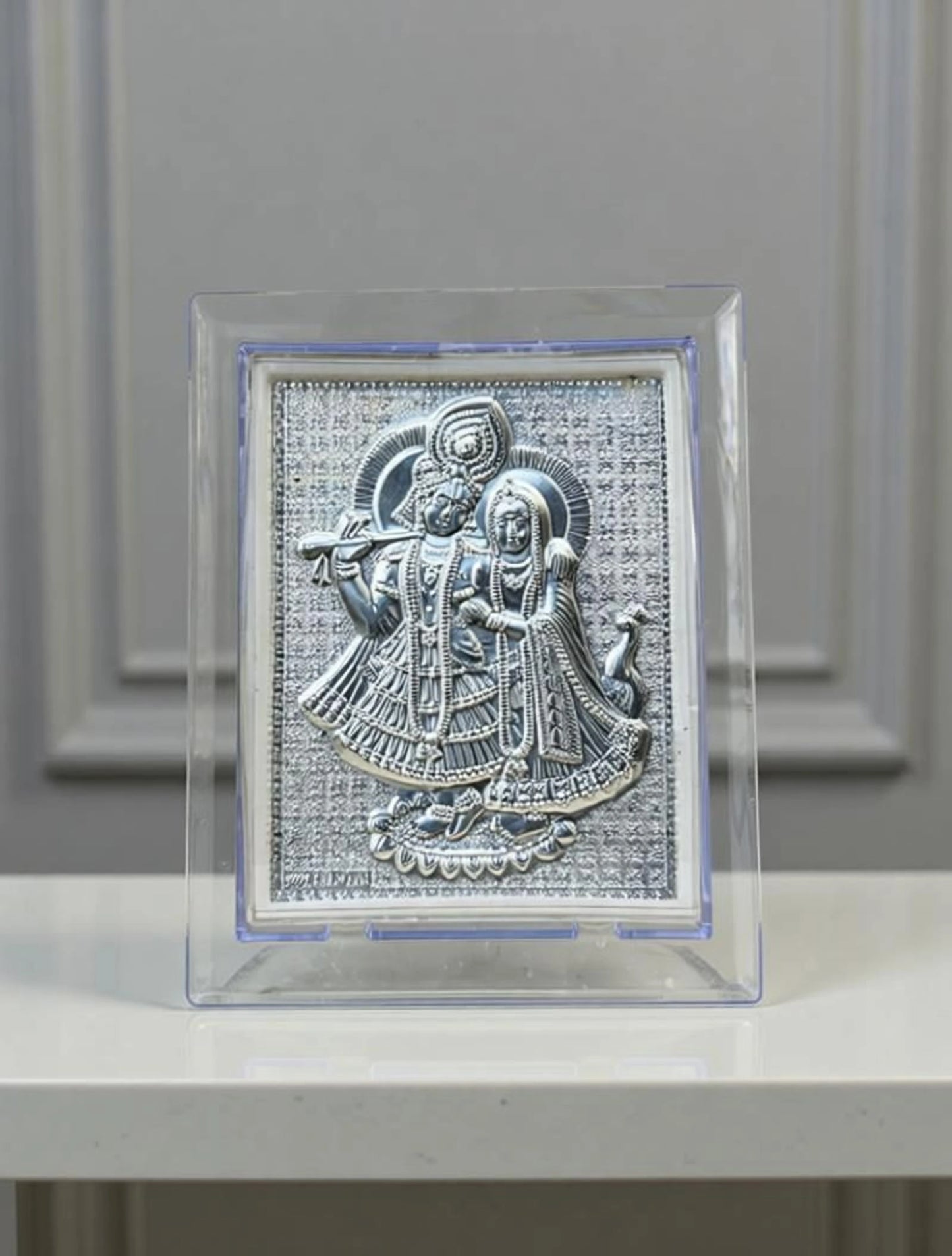 Radha Krishna Silver-Plated Frame (9x11 cm) | Acrylic Mini Idol for Home Decor & Spiritual Gifting