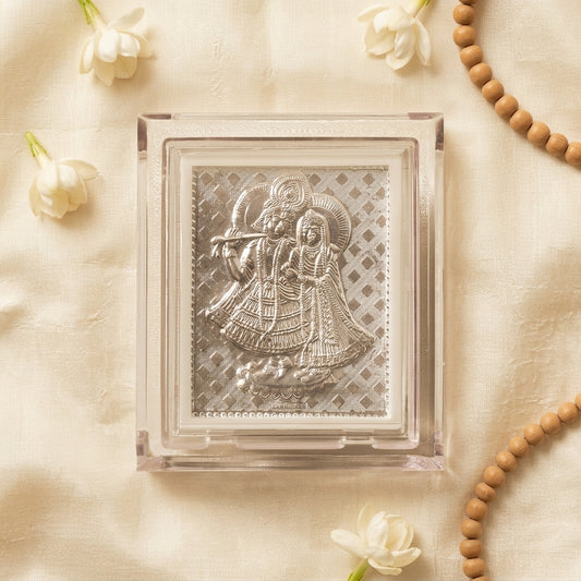 Radha Krishna Silver-Plated Frame (9x11 cm) | Acrylic Mini Idol for Home Decor & Spiritual Gifting