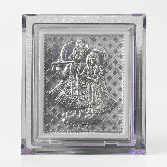 Radha Krishna Silver-Plated Frame (9x11 cm) | Acrylic Mini Idol for Home Decor & Spiritual Gifting