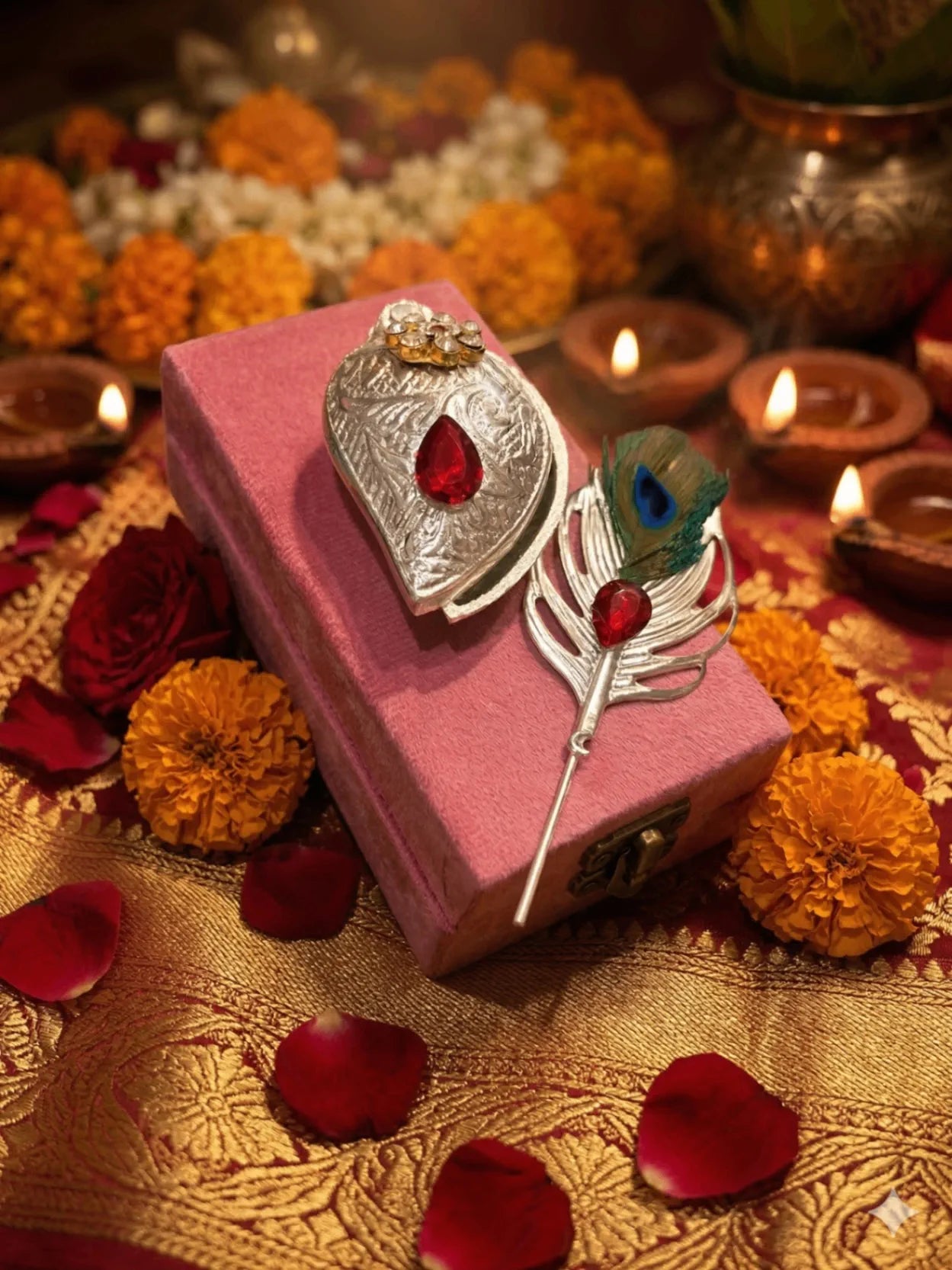 German Silver Morpankh Kumkum Holder with Velvet Gift Box | Wedding & Pooja Return Gift | Premium German Silver Set