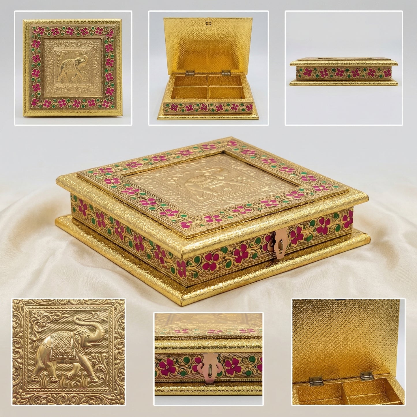 Royal Meenakari Elephant Dry Fruit Box | Golden Handcrafted 8x8 Inches Mithai & Dry Fruit Gift Box for Wedding Return Gifts & Festive Hampers
