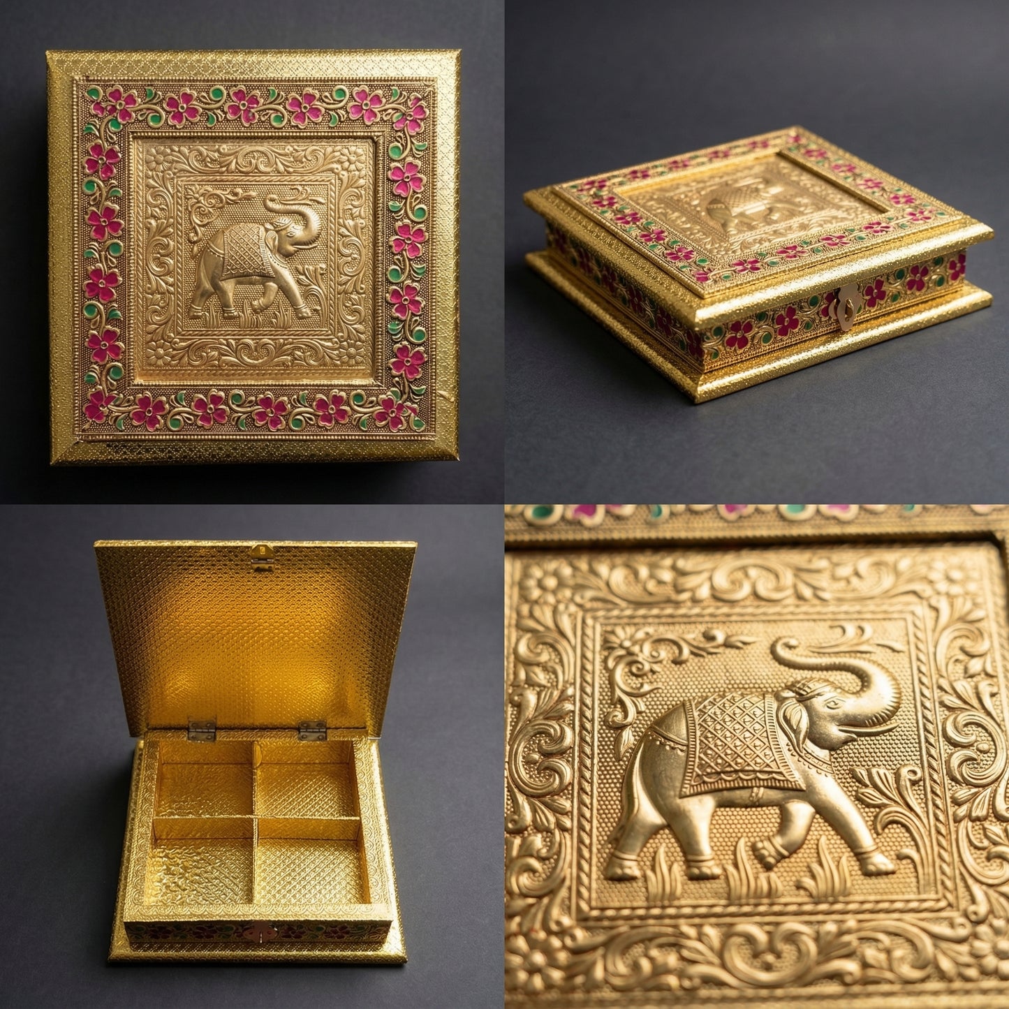 Royal Meenakari Elephant Dry Fruit Box | Golden Handcrafted 8x8 Inches Mithai & Dry Fruit Gift Box for Wedding Return Gifts & Festive Hampers