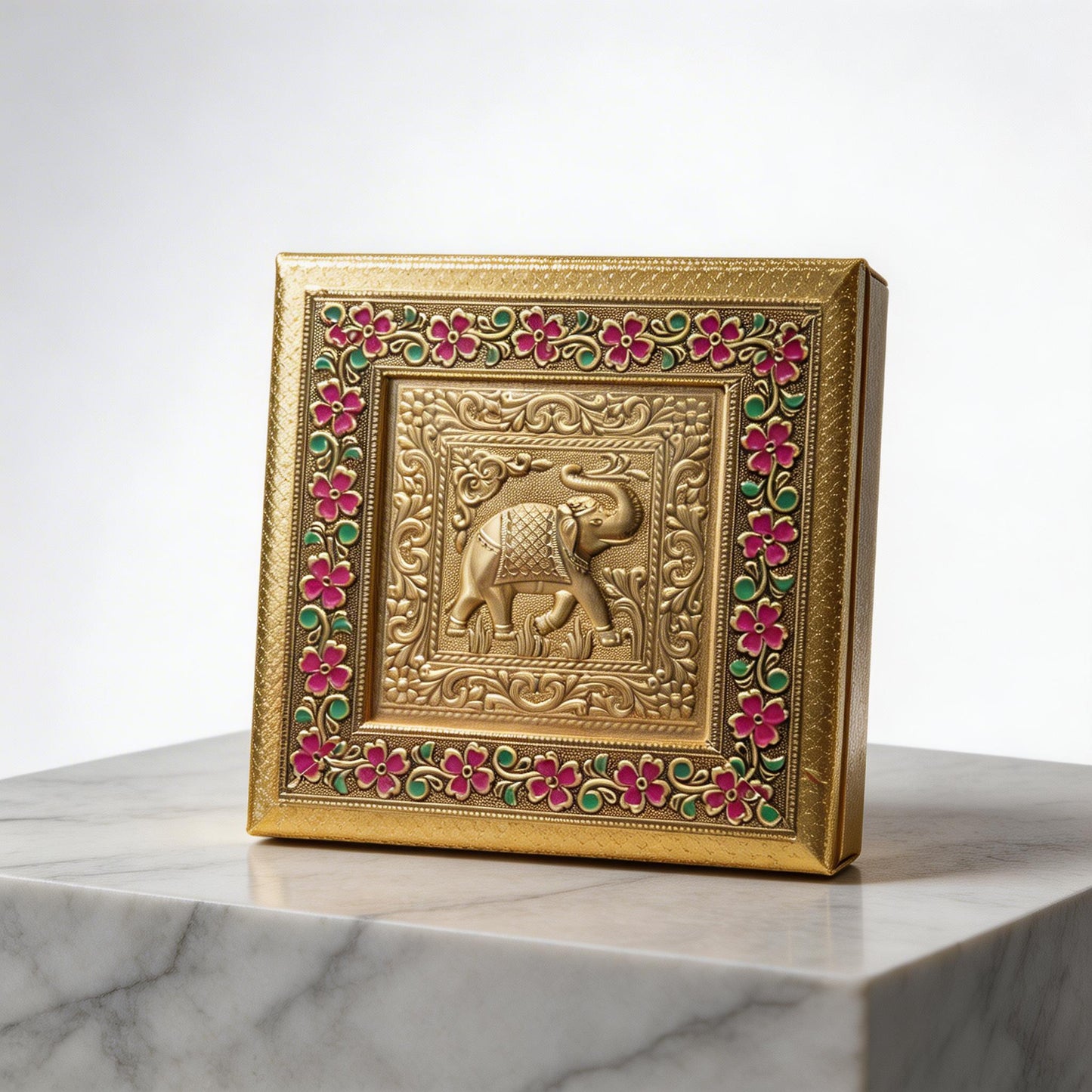 Royal Meenakari Elephant Dry Fruit Box | Golden Handcrafted 8x8 Inches Mithai & Dry Fruit Gift Box for Wedding Return Gifts & Festive Hampers