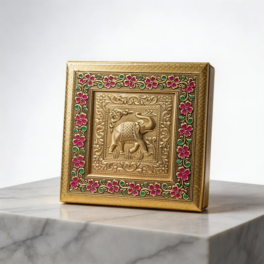 Royal Meenakari Elephant Dry Fruit Box | Golden Handcrafted 8x8 Inches Mithai & Dry Fruit Gift Box for Wedding Return Gifts & Festive Hampers